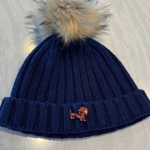 J. Crew Navy Beanie with Faux Fur Pom Pom with Doggy Brooch